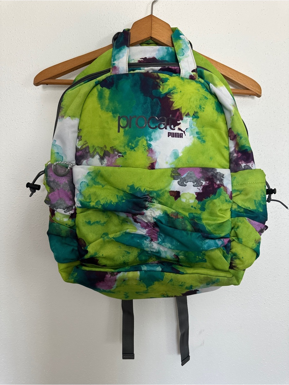 PUMA Procat Tie Dye Watercolor Backpack Lime Green Ruched Front NWOT